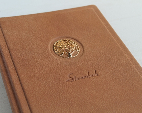 Stammbuch "Goldene Lebensbaum" aus cognacbraunem Leder,  DIN A5